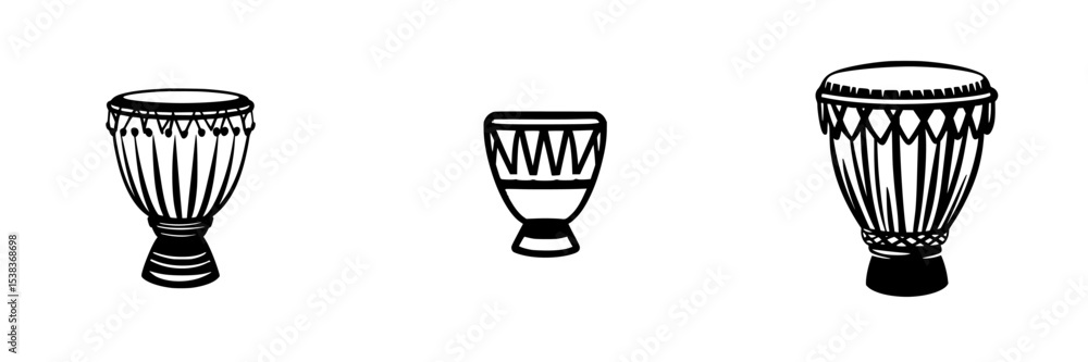 Poster black icon set featuring three distinct drum designs showcasing various shapes and styles