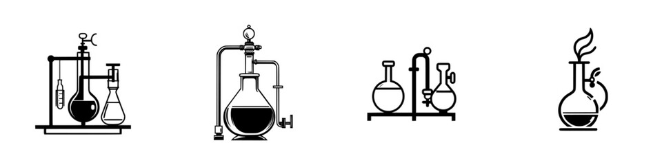 Obraz premium Black laboratory icons showcasing various scientific glassware and equipment designs for educational and professional use
