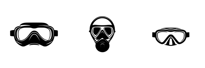Black icons depicting various types of scuba diving masks and a bearded diver?s face design for aquatic adventures