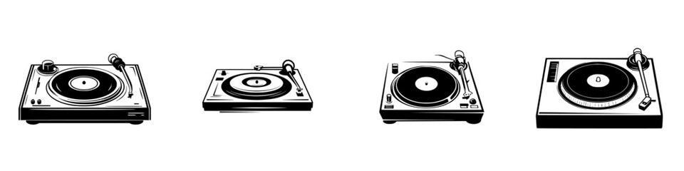 Fototapeta premium Different designs of black turntables showcasing varying styles and details in a minimalist illustration format