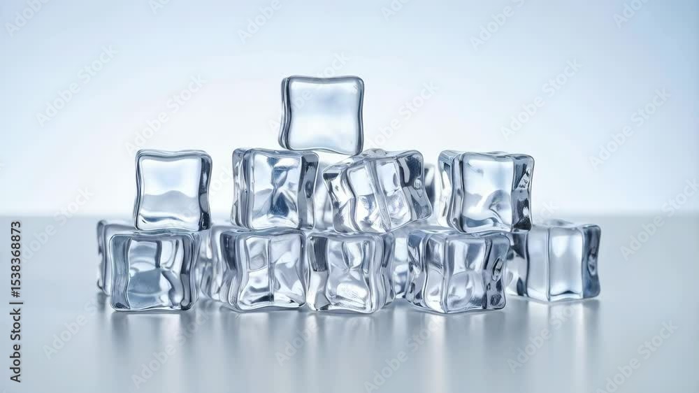 Poster arrangement of sparkling ice cubes stacked in a pyramid, resting on a reflective surface, isolated a