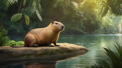 Capybara by the River A Majestic Creature in its Lush Habitat