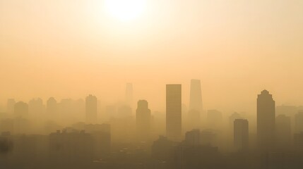 Fototapeta premium Skyline obscured by thick smog due to urban air pollution at sunset