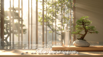 Eco Spray Bottle with Bonsai Tree in Serene Sunlit Room