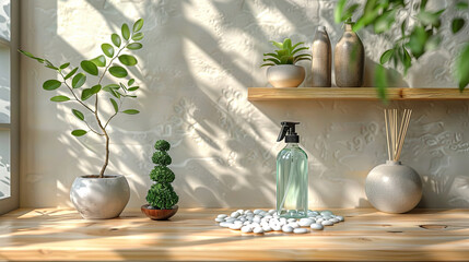 Eco Cleaning Spray Bottle with Indoor Plants and Decorative Shelves
