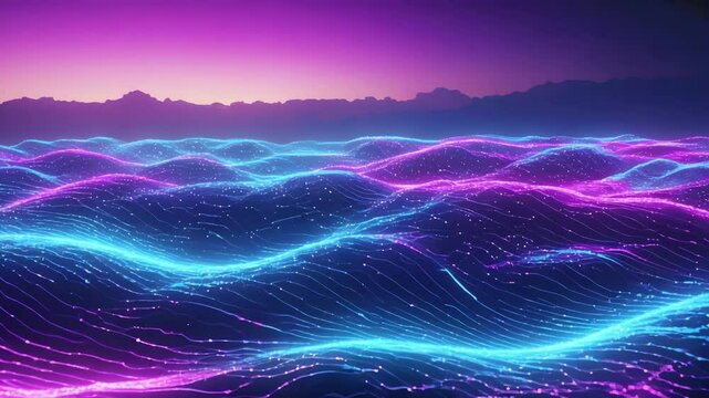 Abstract landscape with neon waves and mountains under a purple and pink gradient sky view art. Abstract neon data waves. Futuristic glowing tech landscape. Blue and pink digital grid
