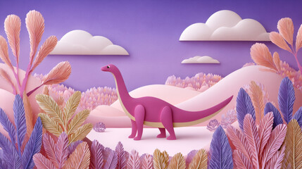 Pink dinosaur standing among pink plants