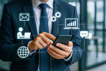 High-Resolution Ultra-Realistic Image of Businessman in Suit Using Smartphone Surrounded by Digital Interface Icons Representing Email, Data, Communication, and Global Networking 