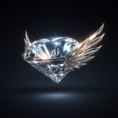Crystal Diamond with Shiny Wings on Black Background