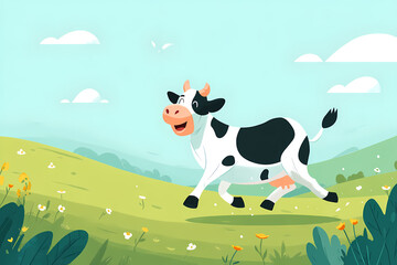 Happy Cartoon Cow Running in Flower Field – Flat Style