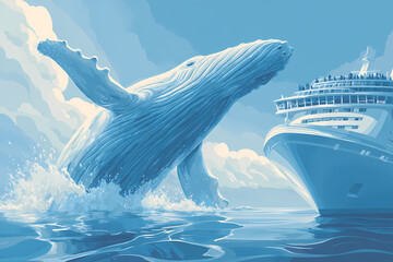 Whale Breaching Next to Cruise Ship – Vector Style