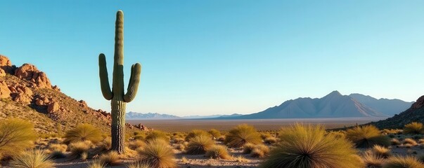 Imposing saguaro against vast, clear desert sky , wilderness, iconic, cactus