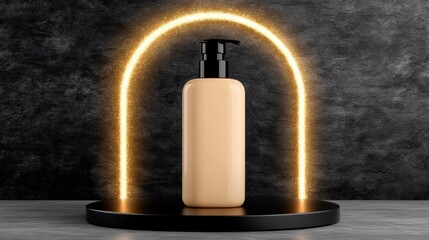 A sleek, modern bottle sits on a black platform with a glowing arch of light behind it, featuring a minimalist design, This image can be used for beauty, skincare products, or marketing materials,