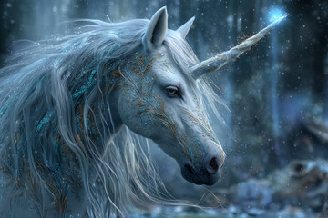 Mystical Unicorn in Winter Forest with Glowing Horn