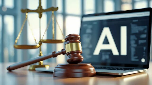 Wooden gavel and golden justice scale beside laptop displaying AI text on screen in modern legal office with soft natural window lighting

