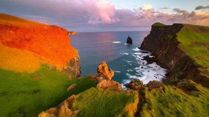 Dramatic coastal cliffs overlooking the ocean at sunset with bright green grass and a stack of sea rock formations along the scenic route - Powered by Adobe