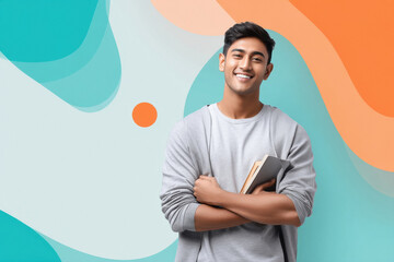 young indian male college student holding books standing on colourful background
