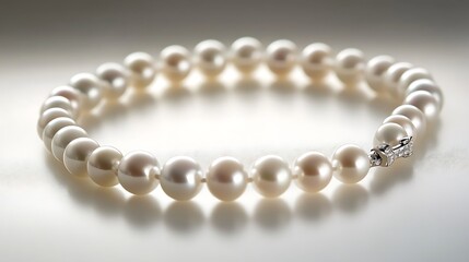 Elegant pearl necklace with diamond clasp resting gracefully on a white surface background