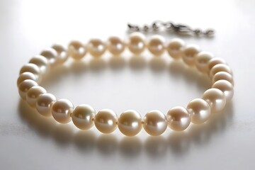 Obraz premium Elegant strand of cream pearls with a silver clasp on white surface background