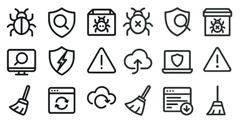Cybersecurity and malware outline icons set – linear, network protection symbols