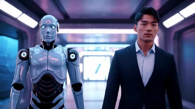Handsome Asian businessman walking through a futuristic hall accompanied by a robot