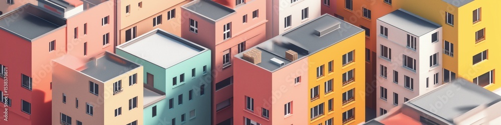 Poster a colorful cityscape with many buildings of different colors. the buildings are arranged in a way th