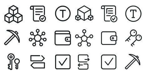 Blockchain and cryptocurrency icons set: outline, linear, digital finance symbols