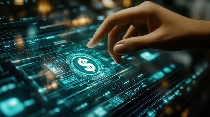 A hand interacts with a glowing, digital interface displaying a dollar sign