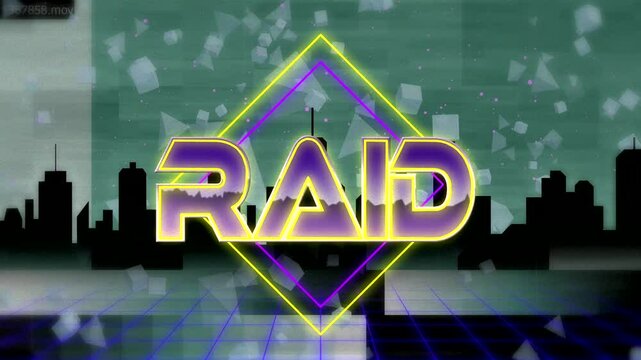Emerging neon RAID logo filling and animating diamond on grid floor, with particles drifting behind - Powered by Adobe