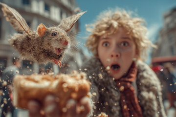 Flying Rat Snatching Pastry from Surprised Child
