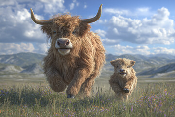 Highland Cow and Calf Running through a Meadow