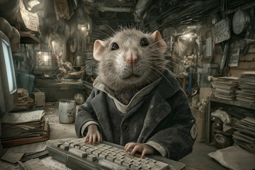 Rat Typing on Keyboard in Cluttered Underground Office