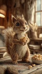  Adorable Squirrel Holding nut in a Cozy Cabin