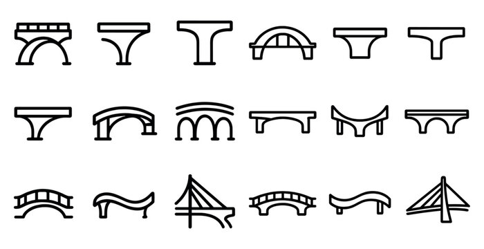 Bridge and architecture outline icons set – linear, structural, engineering symbols