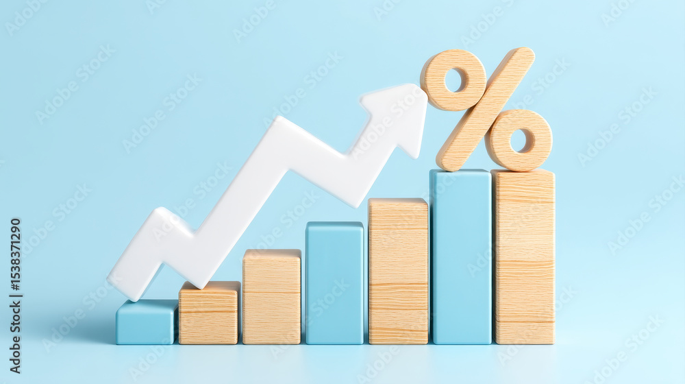 Poster wooden block chart with percentage symbol and white arrow showing interest rate increase and bankrup