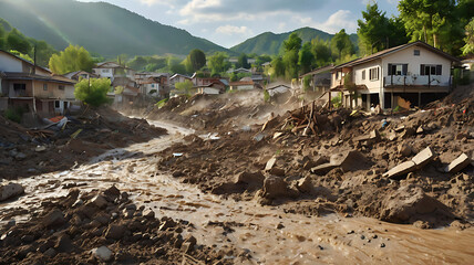 Devastating Mudslide Aftermath Homes and Landscape Destroyed by Natural Disaster