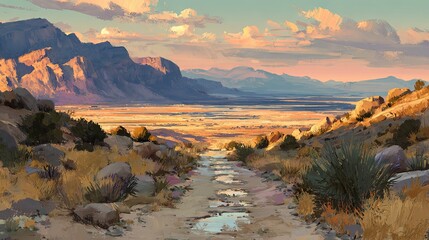 Serene desert sunset oil painting with bold brushstrokes and warm color tones expressing tranquility, vast landscape, and golden hour atmosphere in abstract artistic style


