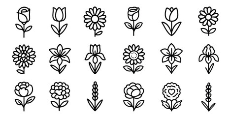 Floral outline icons set – linear, botanical, nature design elements