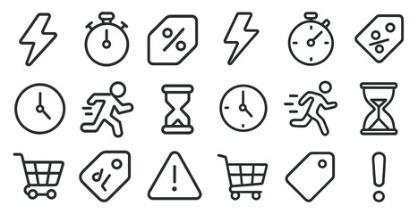 Time and shopping linear icons set – outline, clock, sale and discount symbols