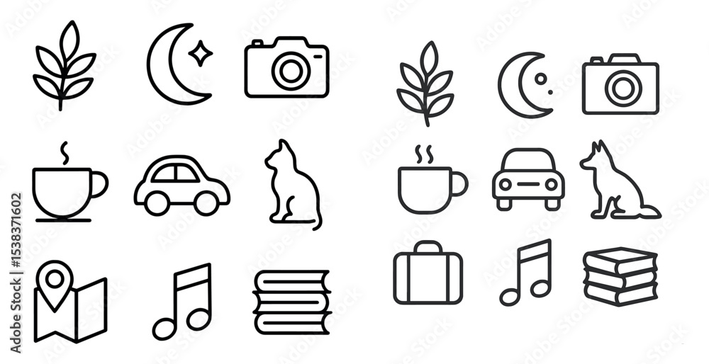 Poster everyday objects line icons set - outline, linear, daily essentials collection