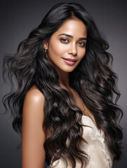 close up of young indian woman standing with long black hair