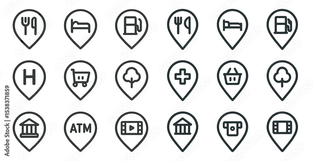 Poster map location outline icons set – navigation, gps, travel pointers collection