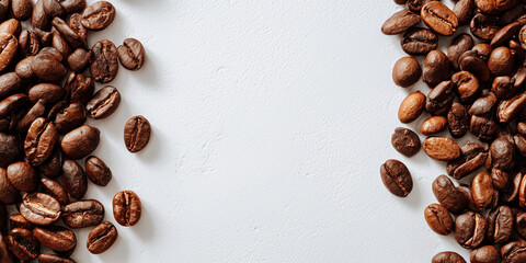 Minimalistic banner with a soft white background, a few roasted coffee beans artistically scattered on the left and right sides only