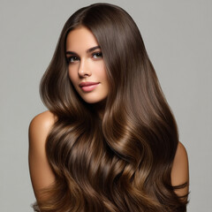 young beautiful woman standing with log brown hair