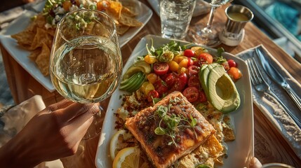 Elegant dining experience with salmon salad, avocado and nachos paired with white wine enjoyment