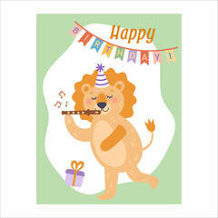 Cute colorful birthday card lion. Animals, fun. Hand-drawn vector illustration in flat style.