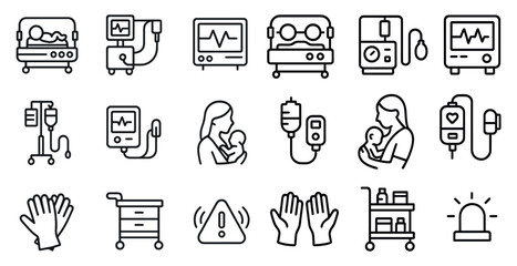 Neonatal care outline icons set – infant, medical, and hospital equipment graphics