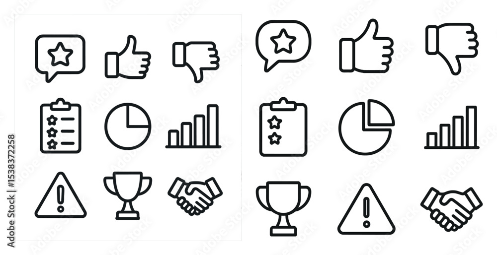 Poster business and communication icons set – outline, linear, charts and statistics graphics