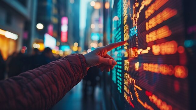 A hand points to a vibrant, digital ticker board in a bustling city