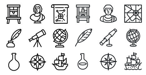 Fototapeta premium History and exploration icons set – outline, linear, ancient and discovery symbols